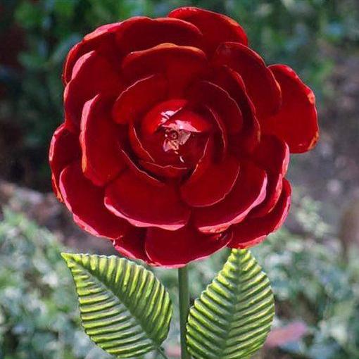 Red Rose Painted Metal Head and Stake