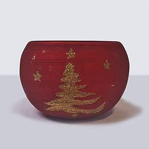 Ceramic Festive Christmas Curved Red Planter Pot with Gold Tree